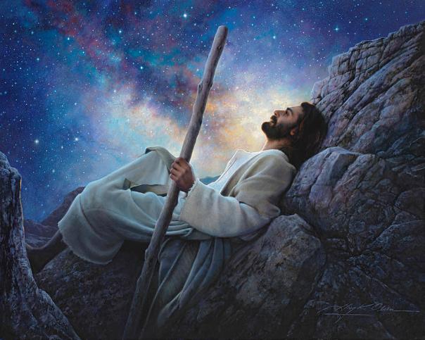 Jesus under the stars looking up