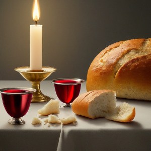 Communion - a loaf of bread, two cups of red wine with a candle